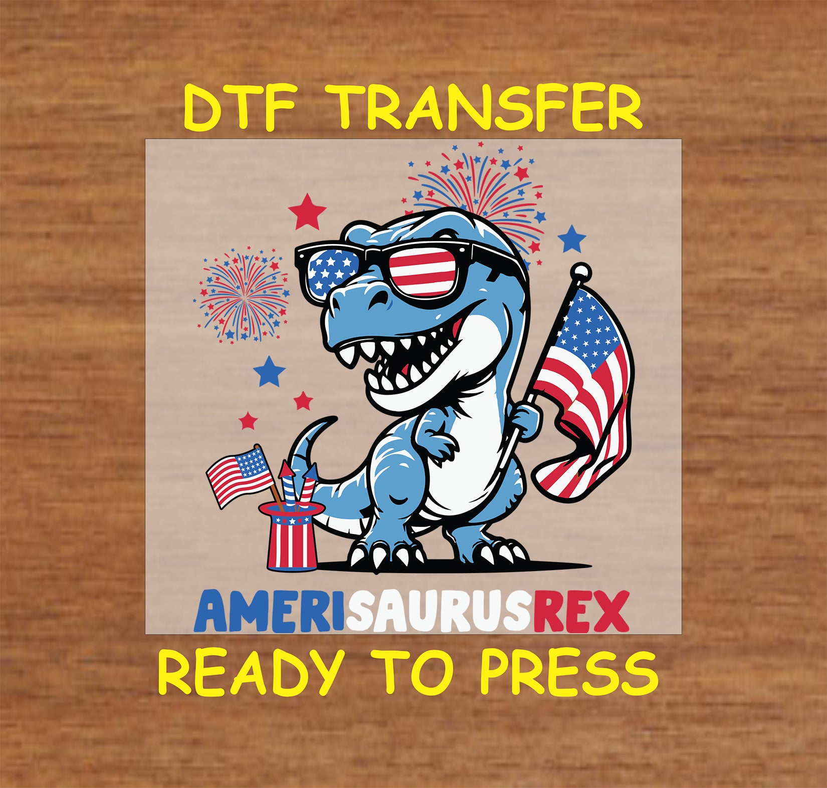 Cartoon T-Rex holding American flag with fireworks and Amerisaurus Rex text below.