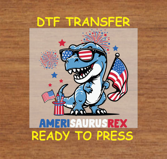 Cartoon T-Rex holding American flag with fireworks and Amerisaurus Rex text below.