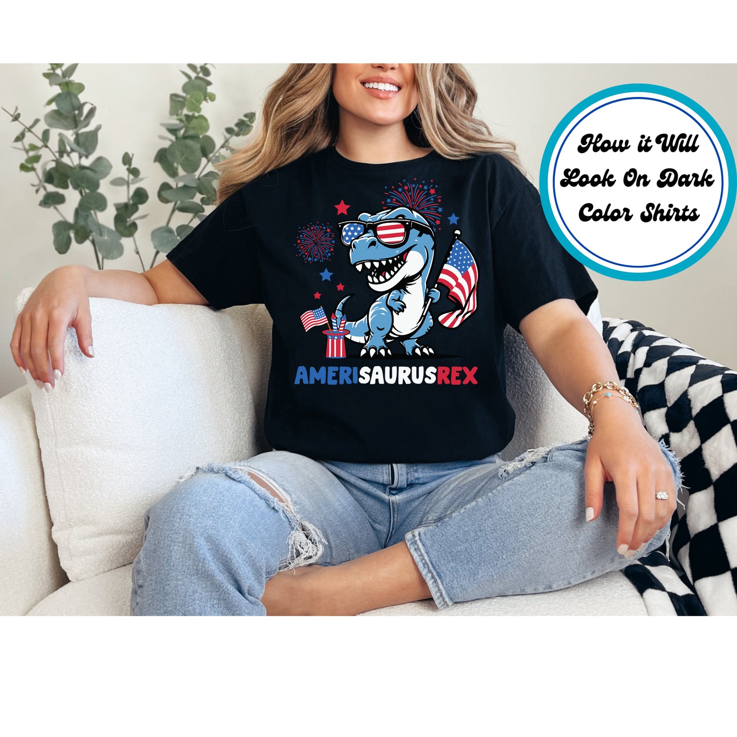 4th Of July DTF Transfer Iron On Heat Transfer - Ready to Press, Amerisaurus Rex DTF Transfer 7976