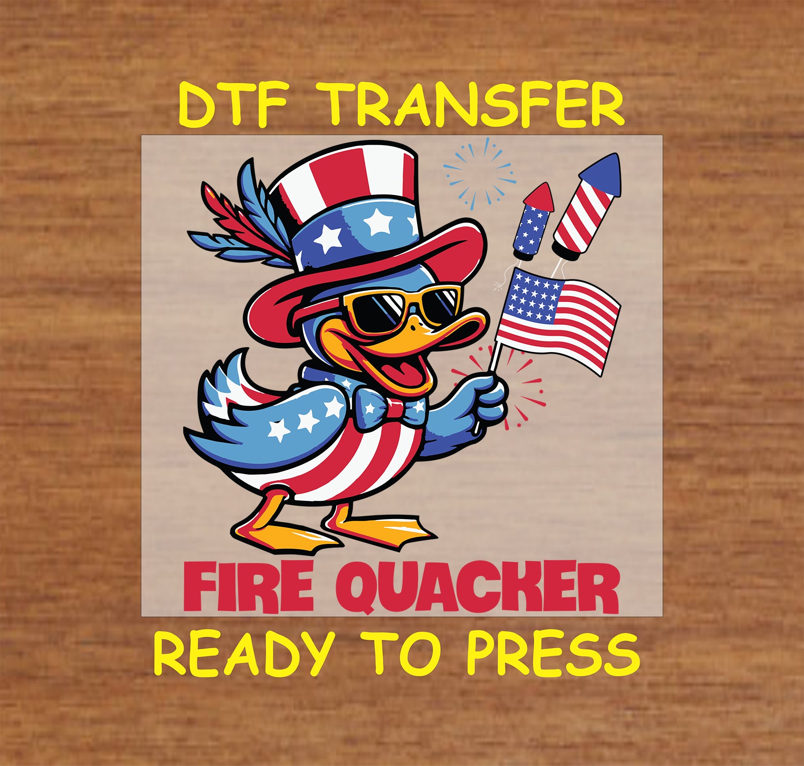 Cartoon duck in red white and blue holding flag and fireworks with Fire Quacker text.