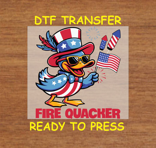 Cartoon duck in red white and blue holding flag and fireworks with Fire Quacker text.