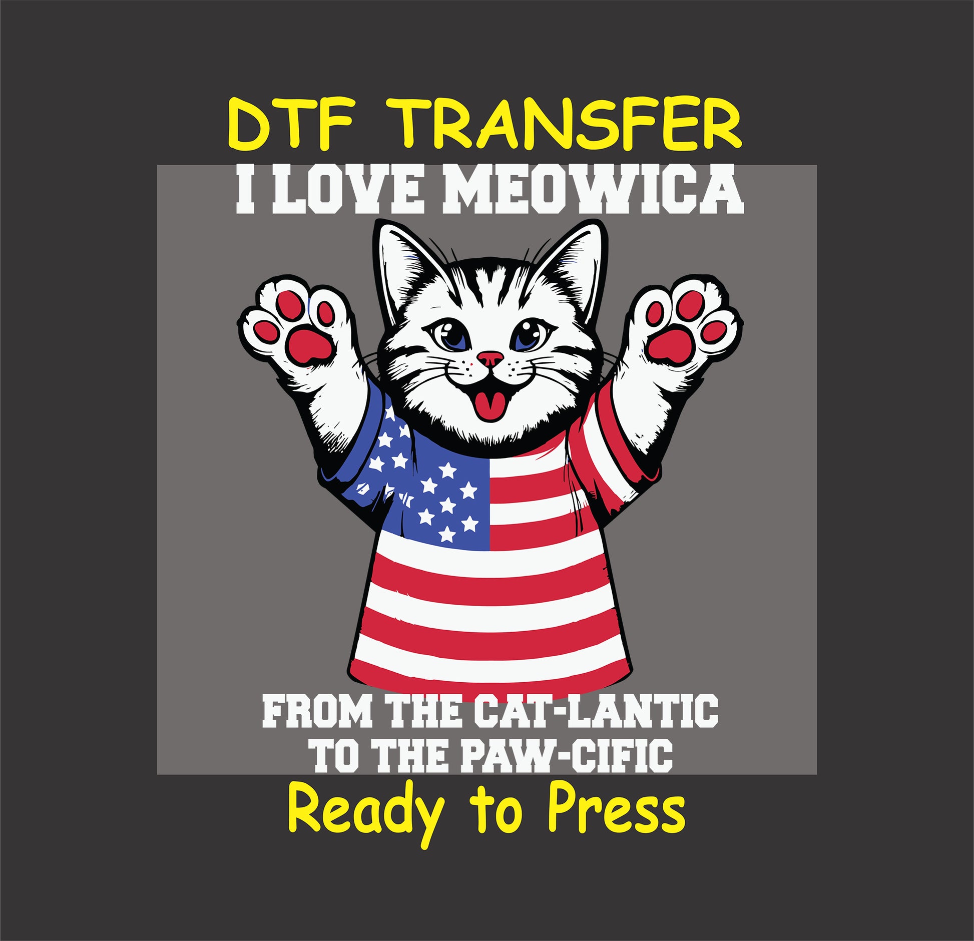 Patriotic cat in USA shirt with raised paws and text I Love Meowica.