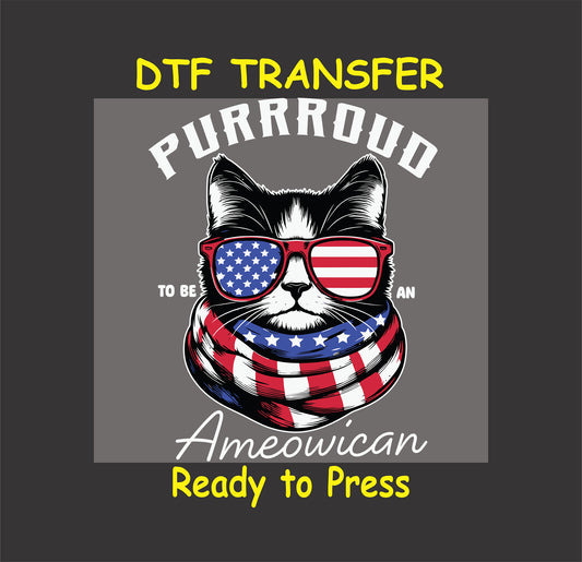 Cat in flag sunglasses and scarf with text Purroud to Be an Ameowican.