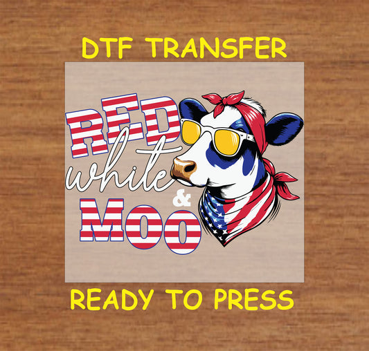 Cow wearing flag sunglasses and bandana with Red White & Moo text.