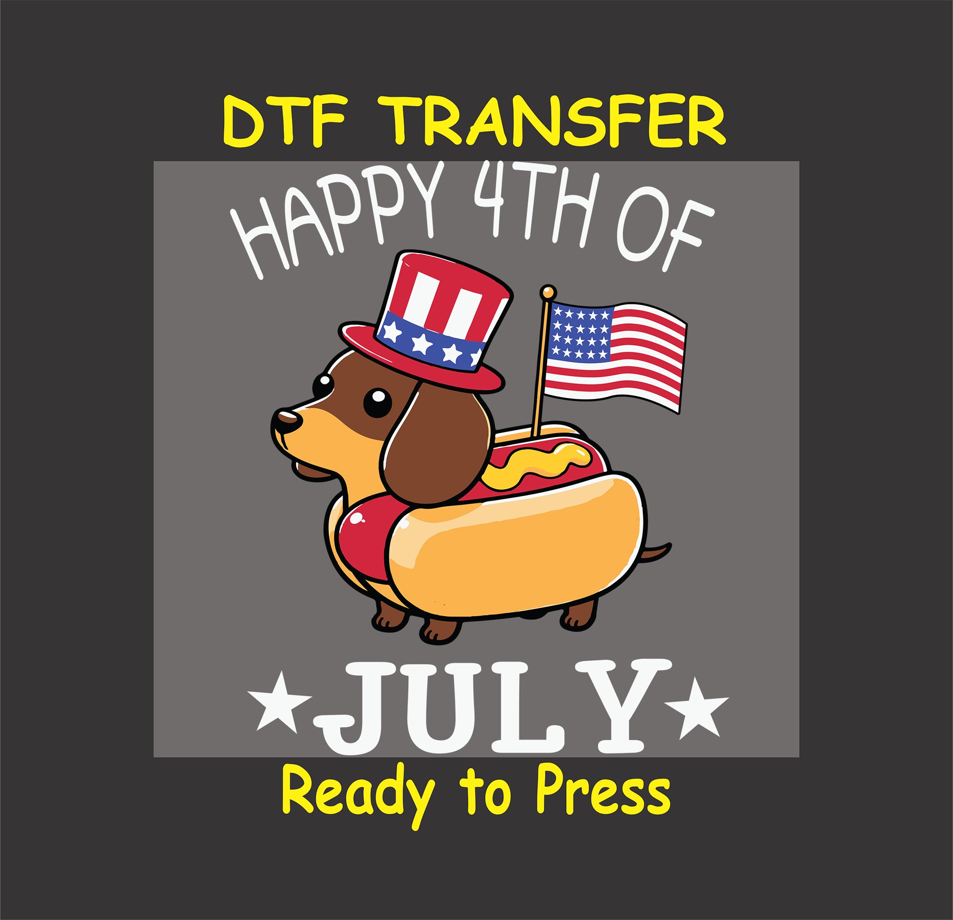 Dachshund in hot dog costume with USA flag and patriotic hat.