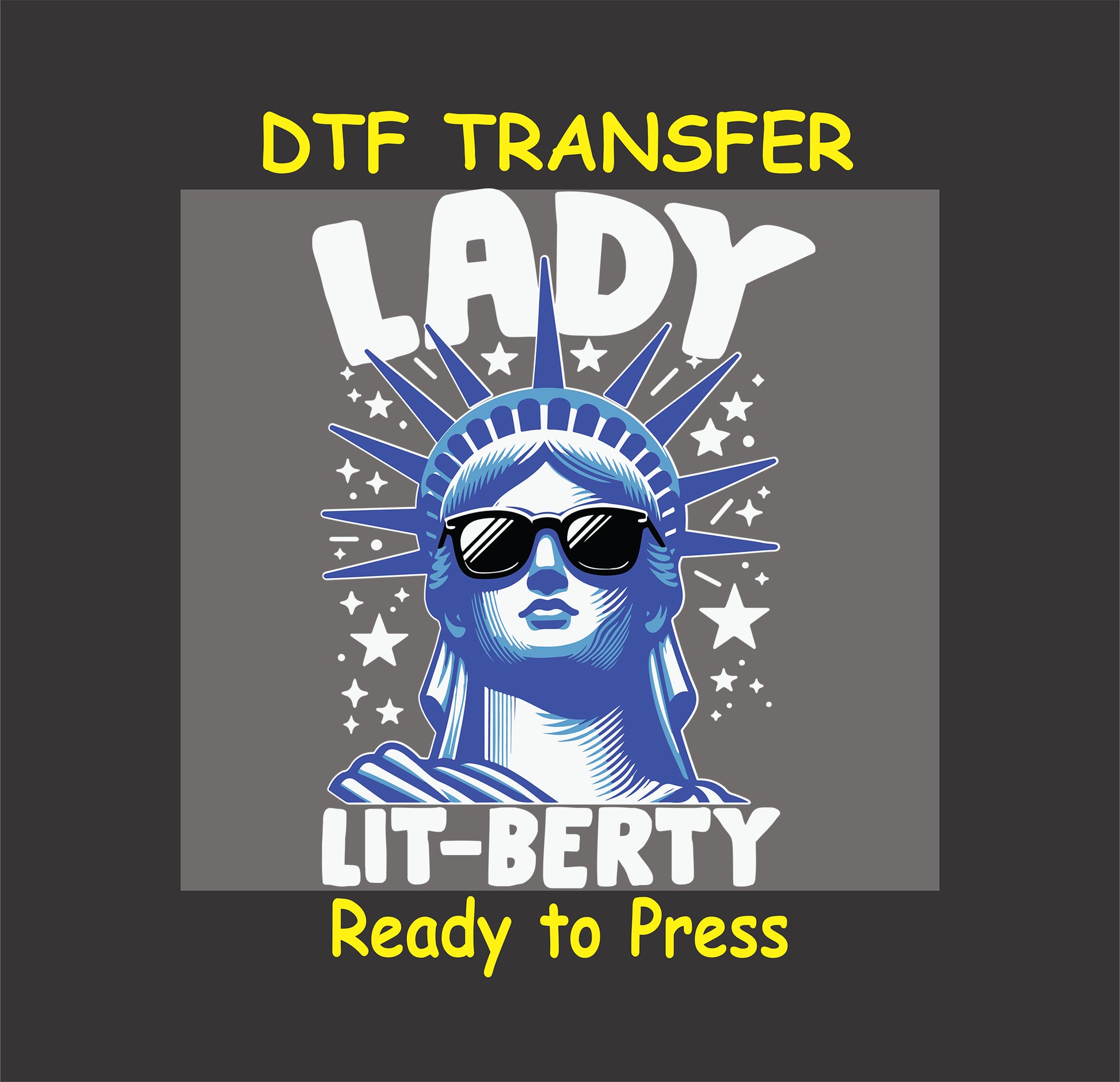 Lady Liberty in sunglasses with stars and text reading Lady Lit-Berty.