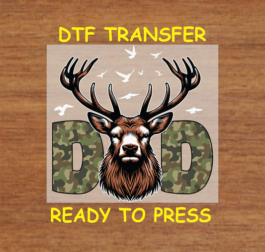Deer head between camo DAD letters with birds flying overhead.