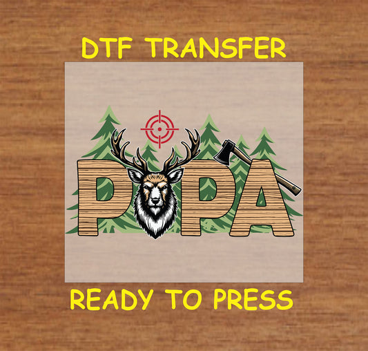 PAPA text with deer head, trees, axe, and target in rustic forest theme.