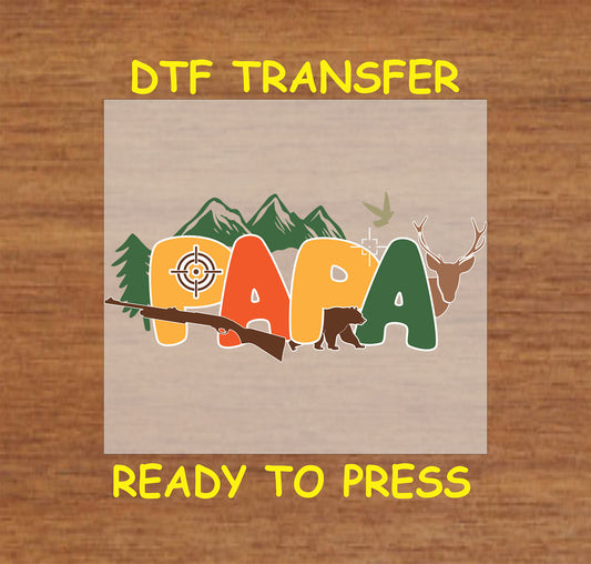 Colorful PAPA letters with rifle, bear, deer, and mountain backdrop.