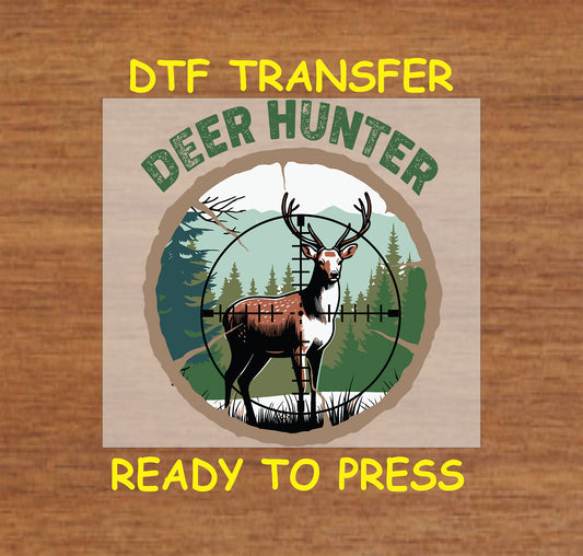 Deer in crosshairs with forest background and text Deer Hunter.