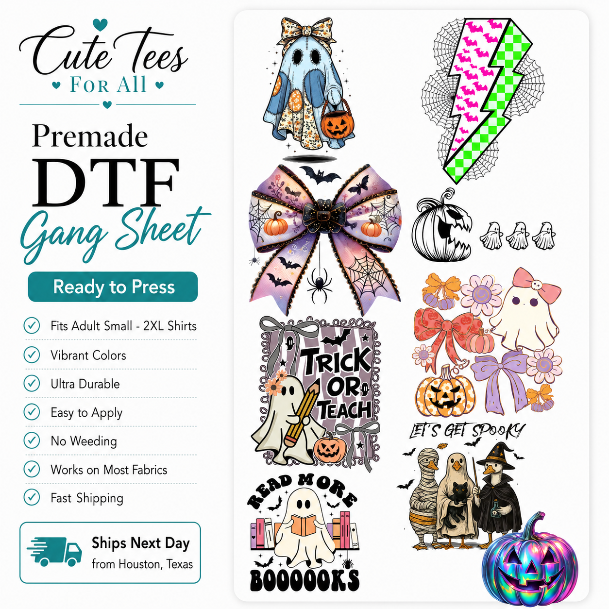 A promotional graphic for a premade DTF gang sheet featuring multiple Halloween-themed graphic designs on a white background, with text listing features such as fit, colors, durability, and shipping details.