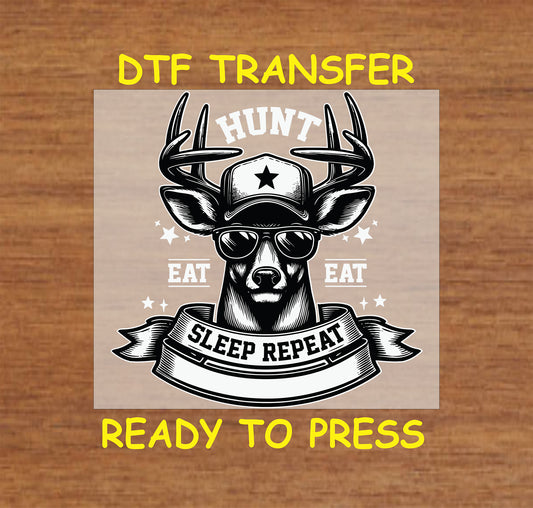 Deer with sunglasses and hat under text Hunt Eat Sleep Repeat in banner style.