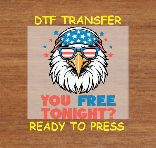 Cartoon eagle with patriotic bandana and sunglasses, You Free Tonight? text in red and blue.
