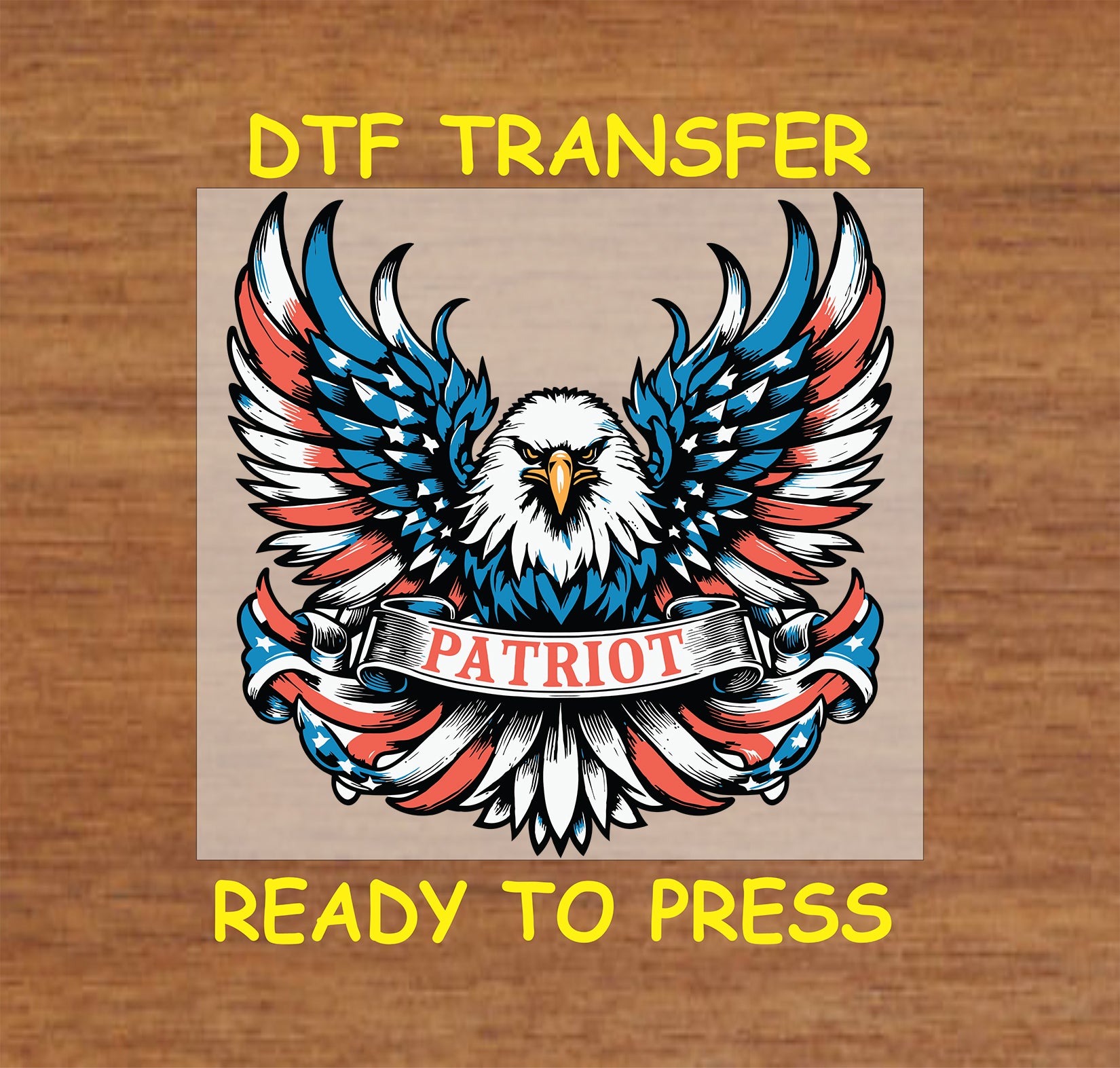 Patriotic eagle with spread wings and Patriot banner wrapped in USA flag colors.