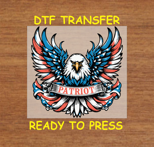 Patriotic eagle with spread wings and Patriot banner wrapped in USA flag colors.