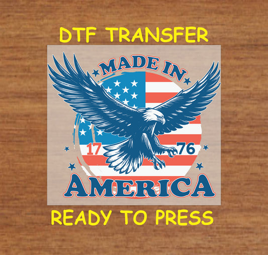 Flying eagle over American flag with Made in America 1776 text.