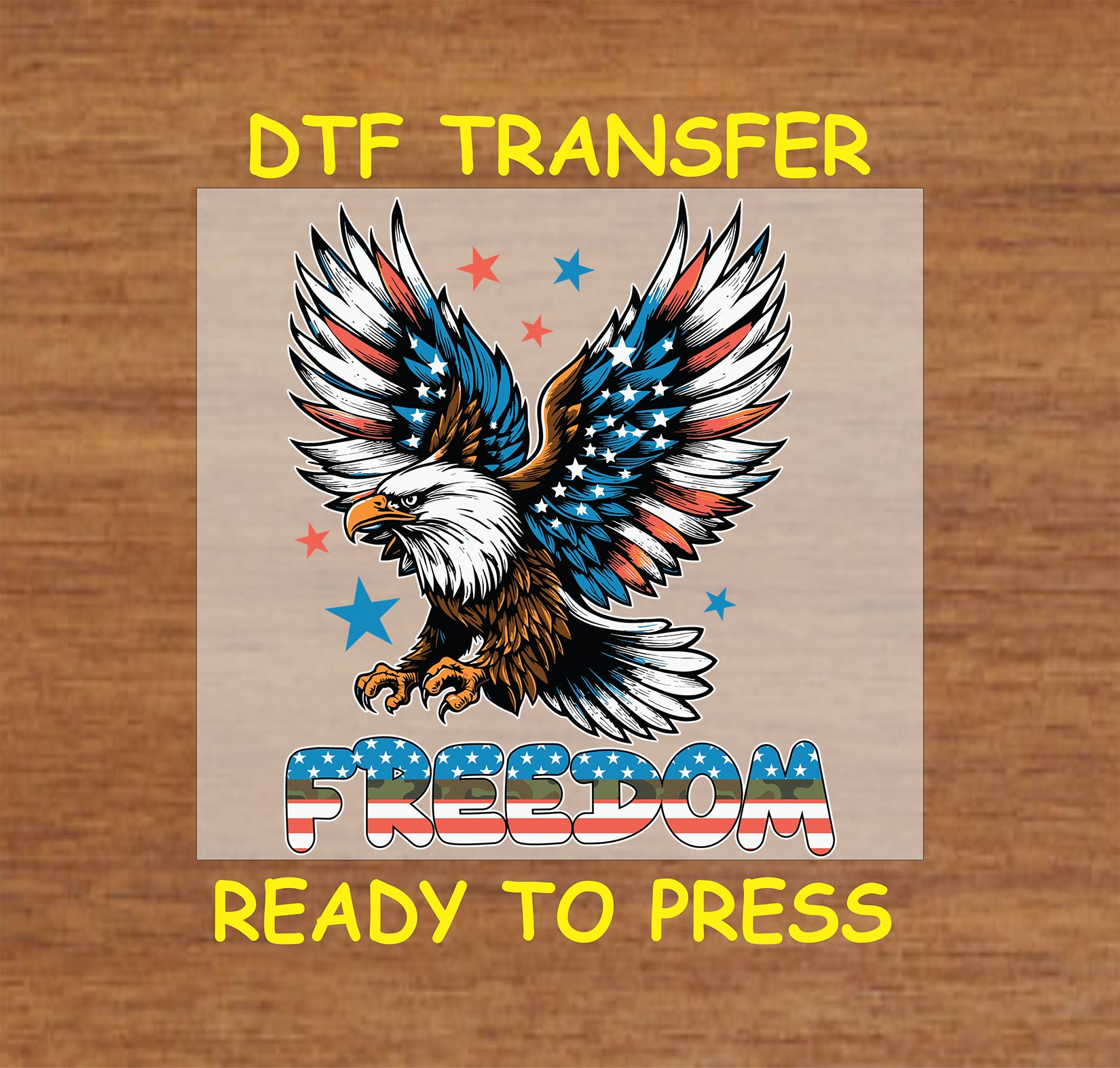 Flying bald eagle with patriotic wings and bold FREEDOM text in stars and stripes.