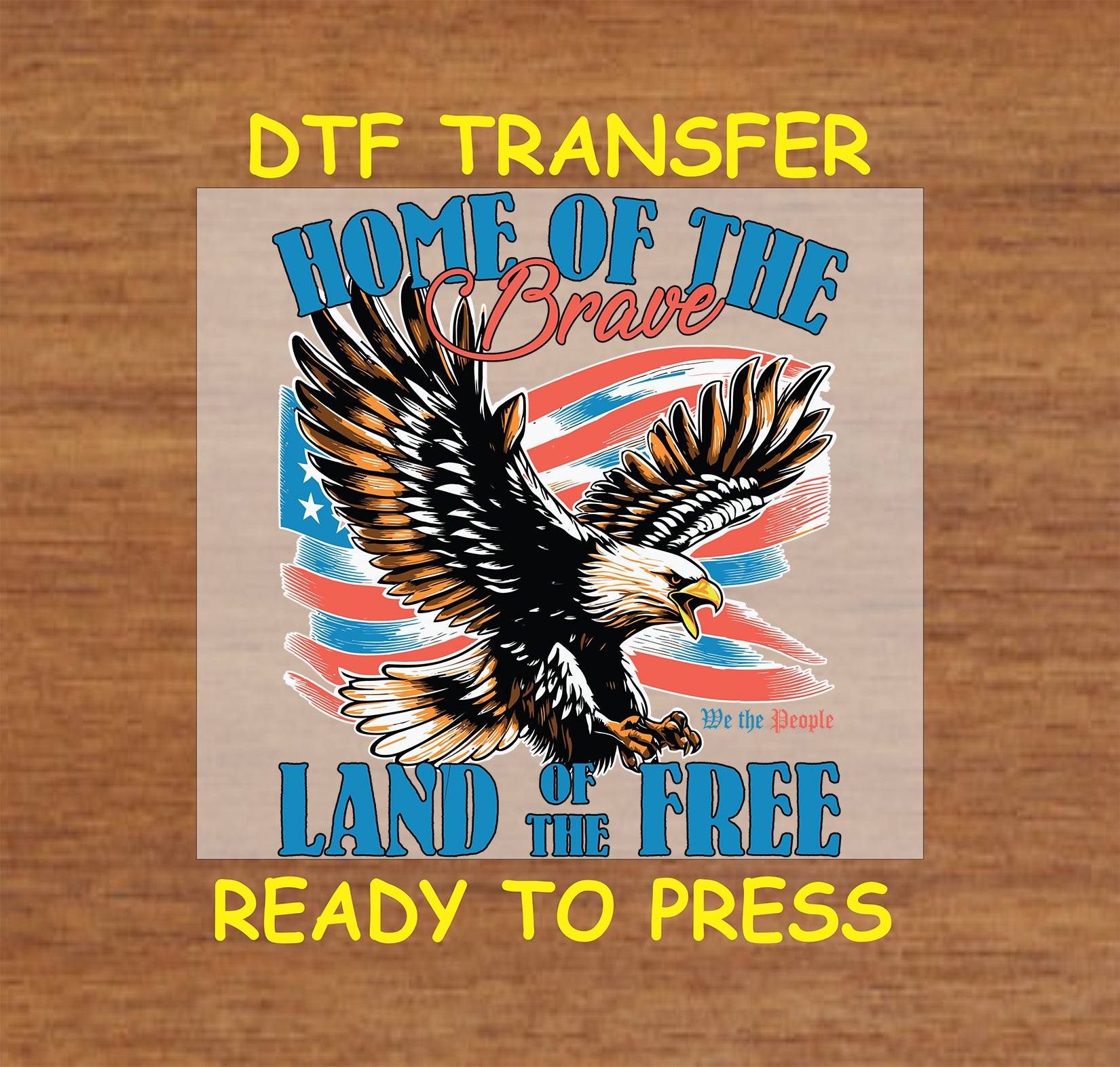 Flying eagle with waving USA flag and Home of the Brave Land of the Free text.