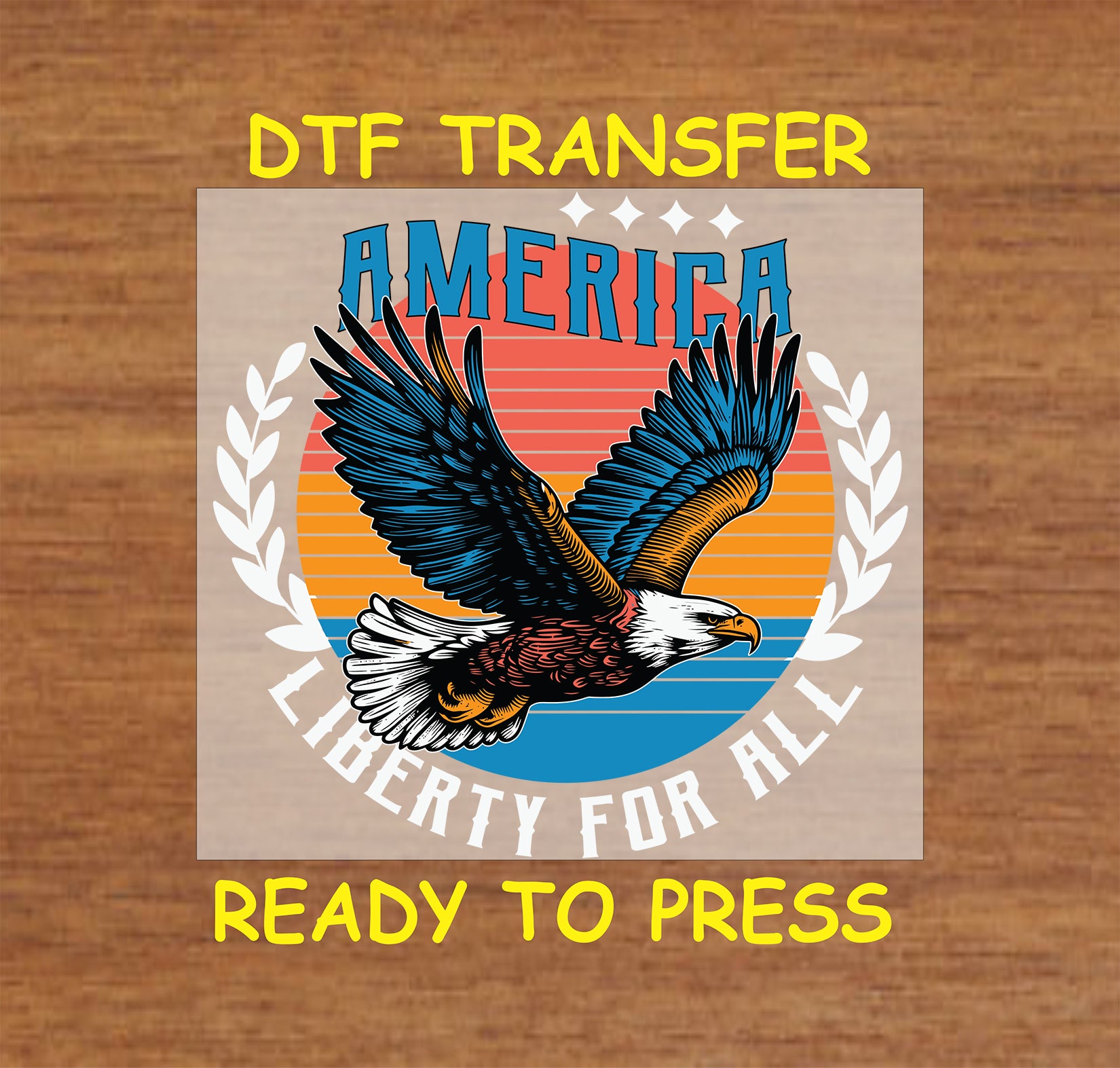 Soaring eagle with America Liberty for All text and sunset background.