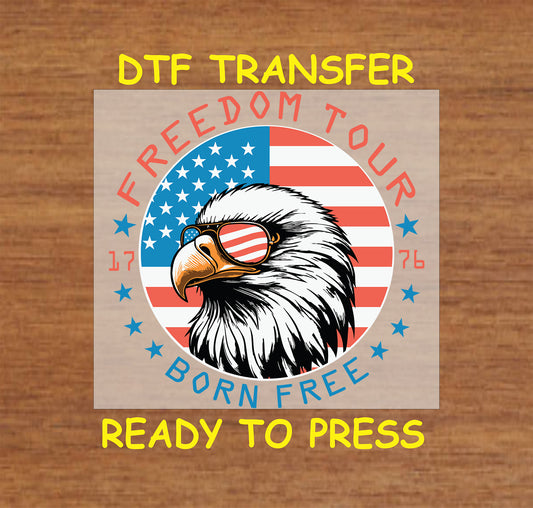 Eagle with American flag sunglasses and Freedom Tour Born Free text over stars and stripes.