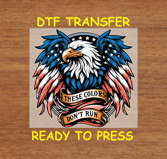 Eagle with patriotic feathers and banner reading These Colors Don’t Run.