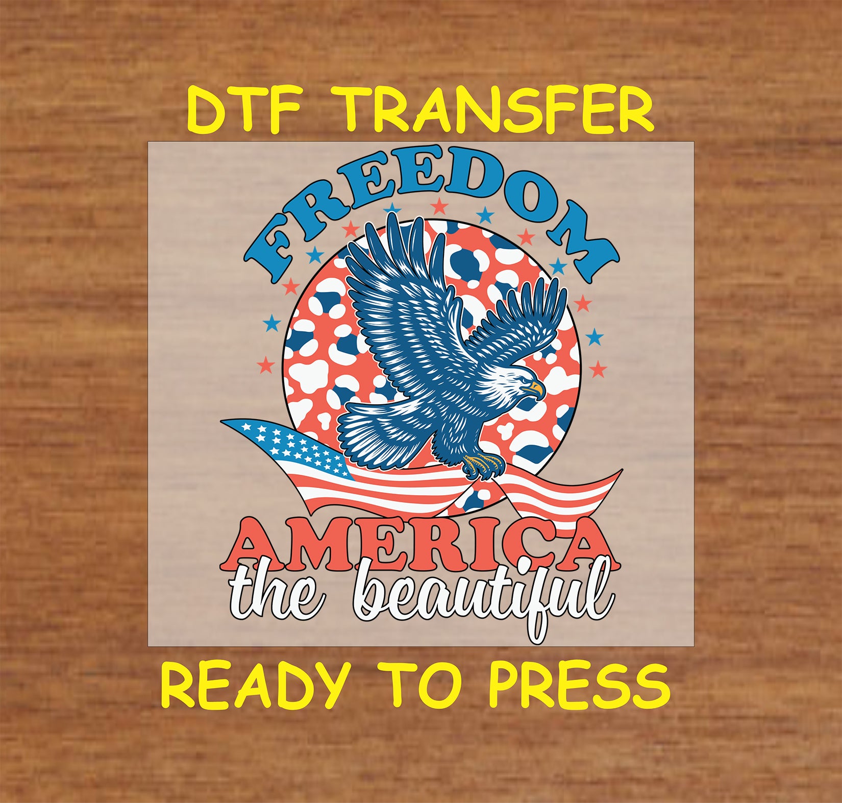 Flying eagle over flag with Freedom America the Beautiful text in red white and blue.
