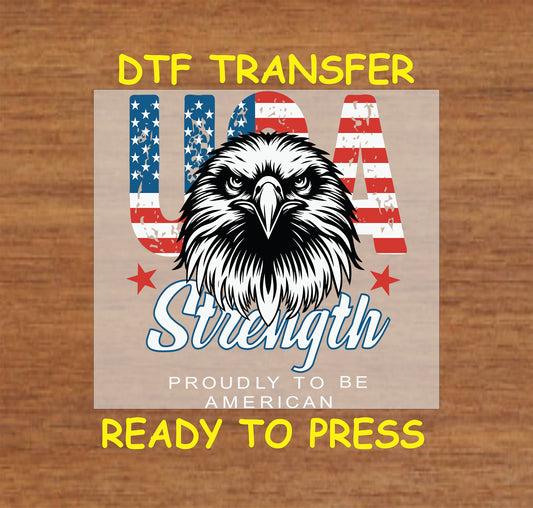 Eagle head over distressed USA text with Strength Proudly to Be American message.