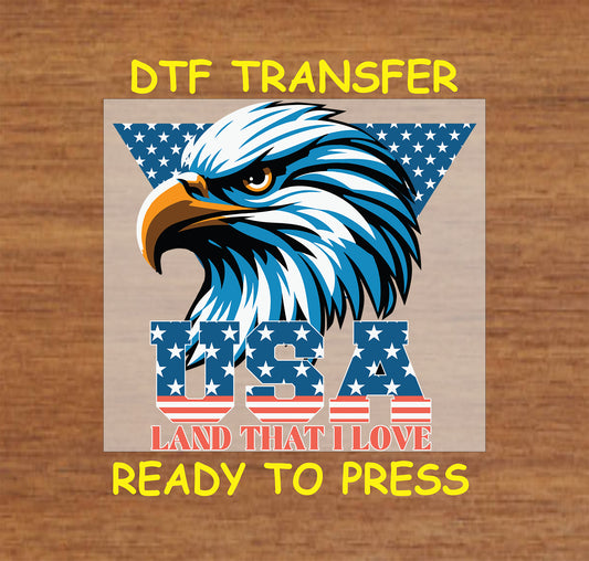 Bold eagle head with USA Land That I Love text and star triangle background.