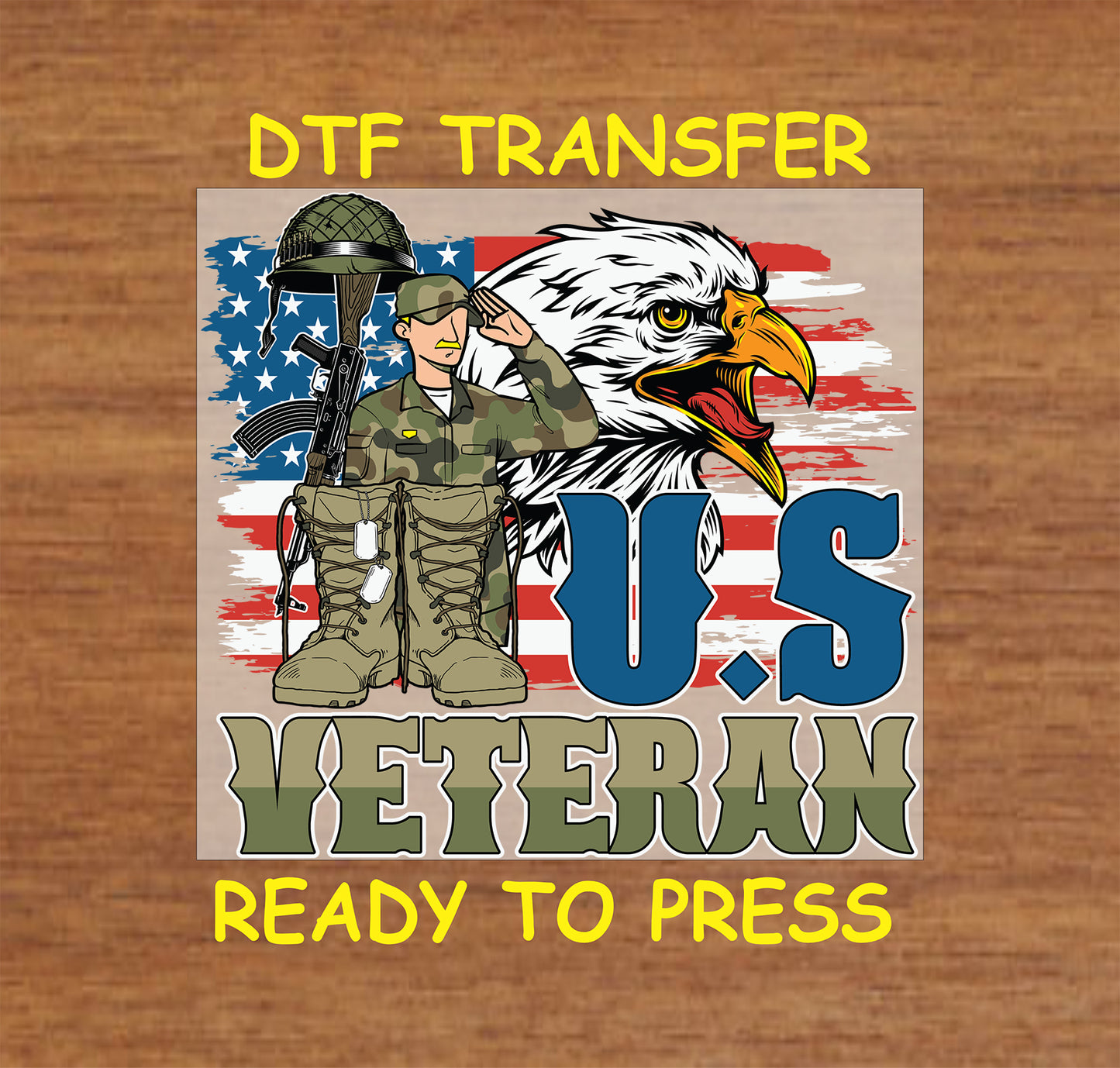Soldier saluting with boots rifle eagle head and U.S. Veteran text over flag.