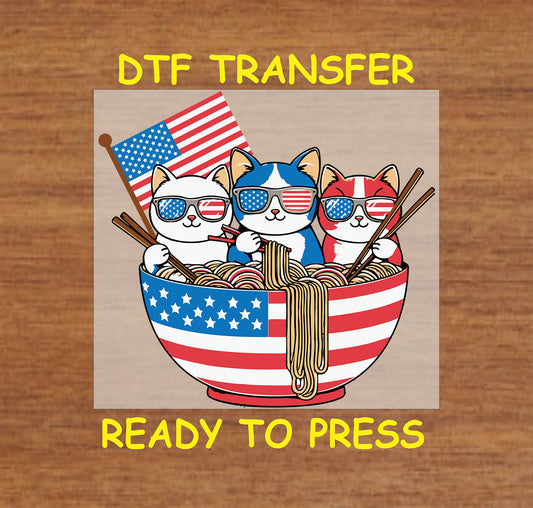 Three patriotic cats in a noodle bowl with American flag theme.