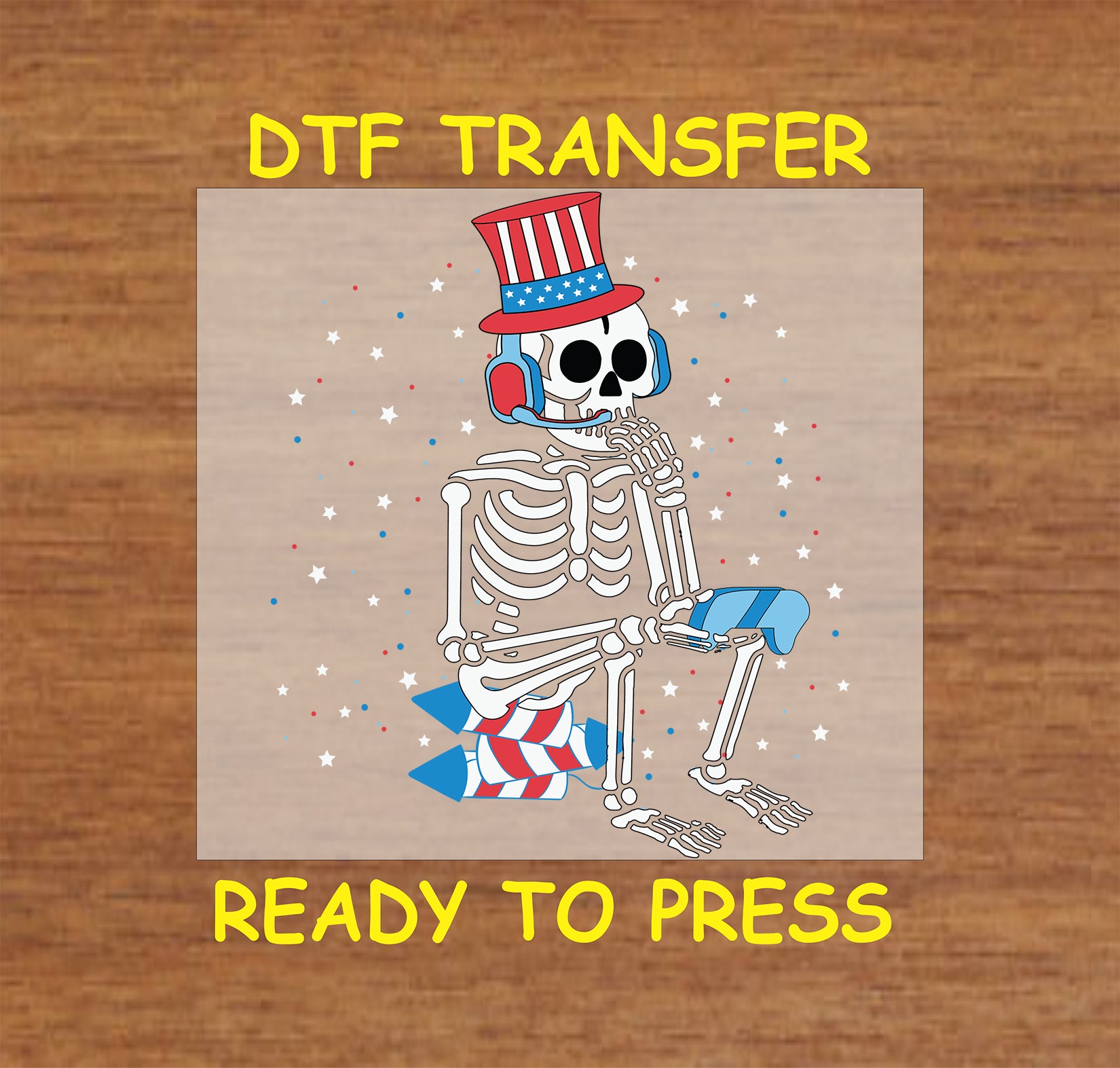 Skeleton wearing patriotic hat sitting on a firework.