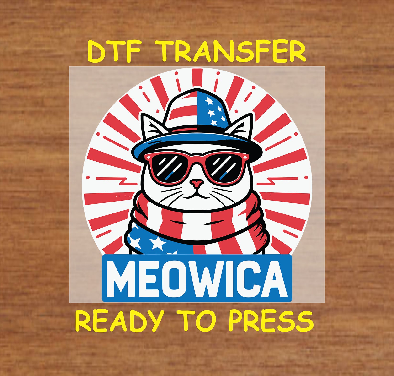 Patriotic cat with USA scarf and hat labeled Meowica.