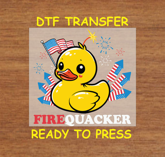 Yellow duck with American flags and fireworks labeled Firequacker.
