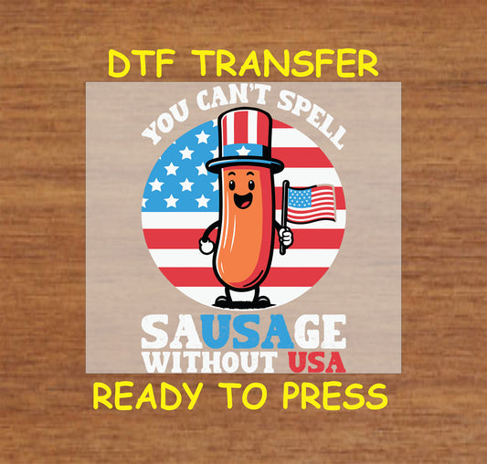 Cartoon sausage with flag and USA text on patriotic stars and stripes background.
