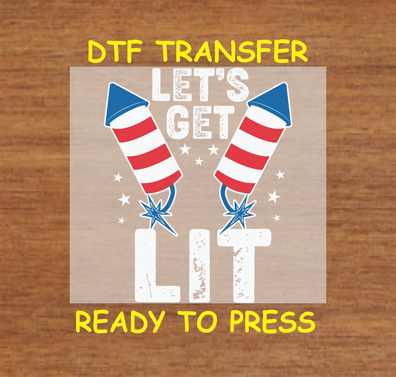 Two red, white, and blue firecrackers with the phrase Let's Get Lit in distressed white text.