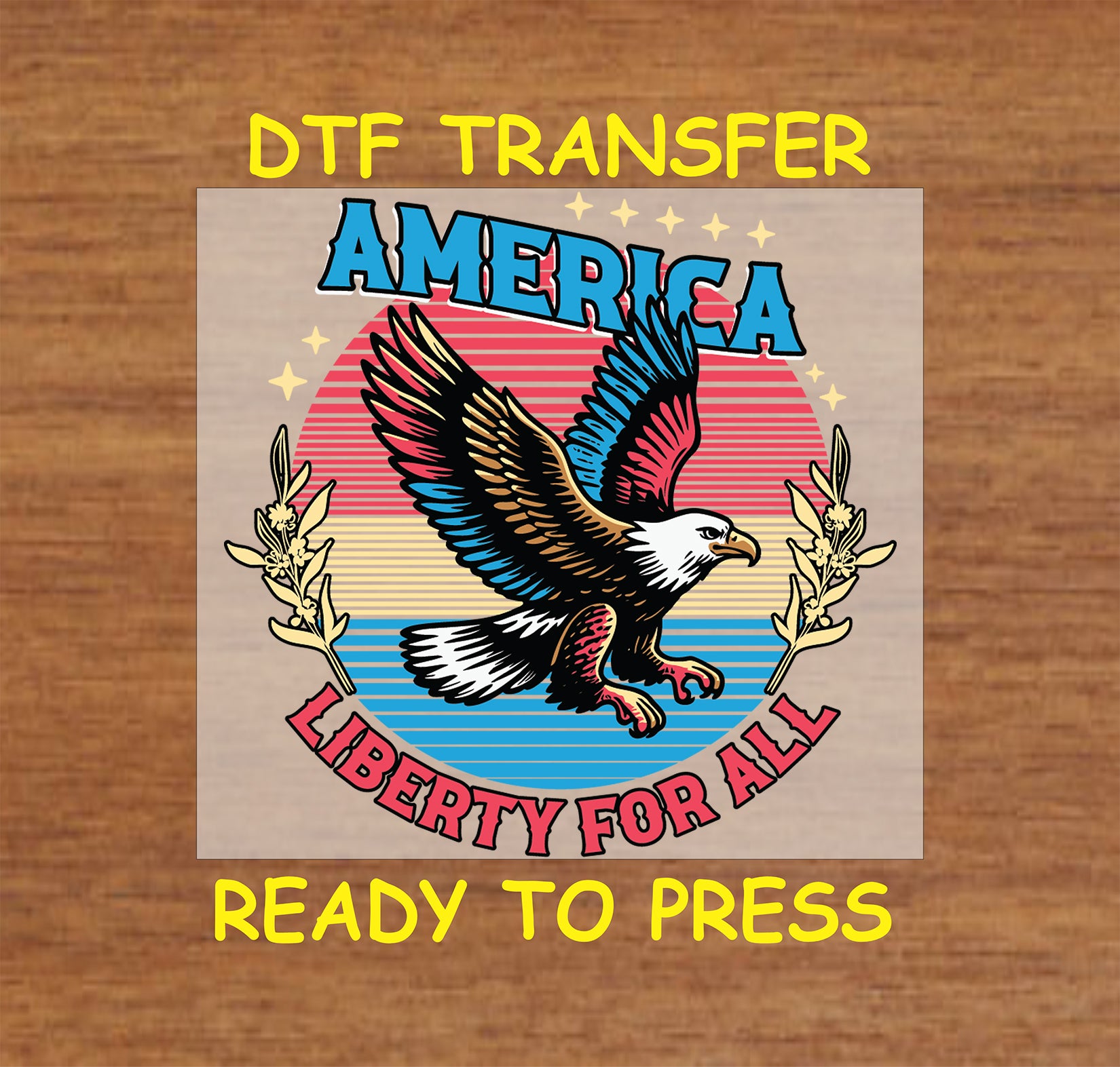 Patriotic eagle with red, white, and blue wings, retro stripes, and Liberty for All text.