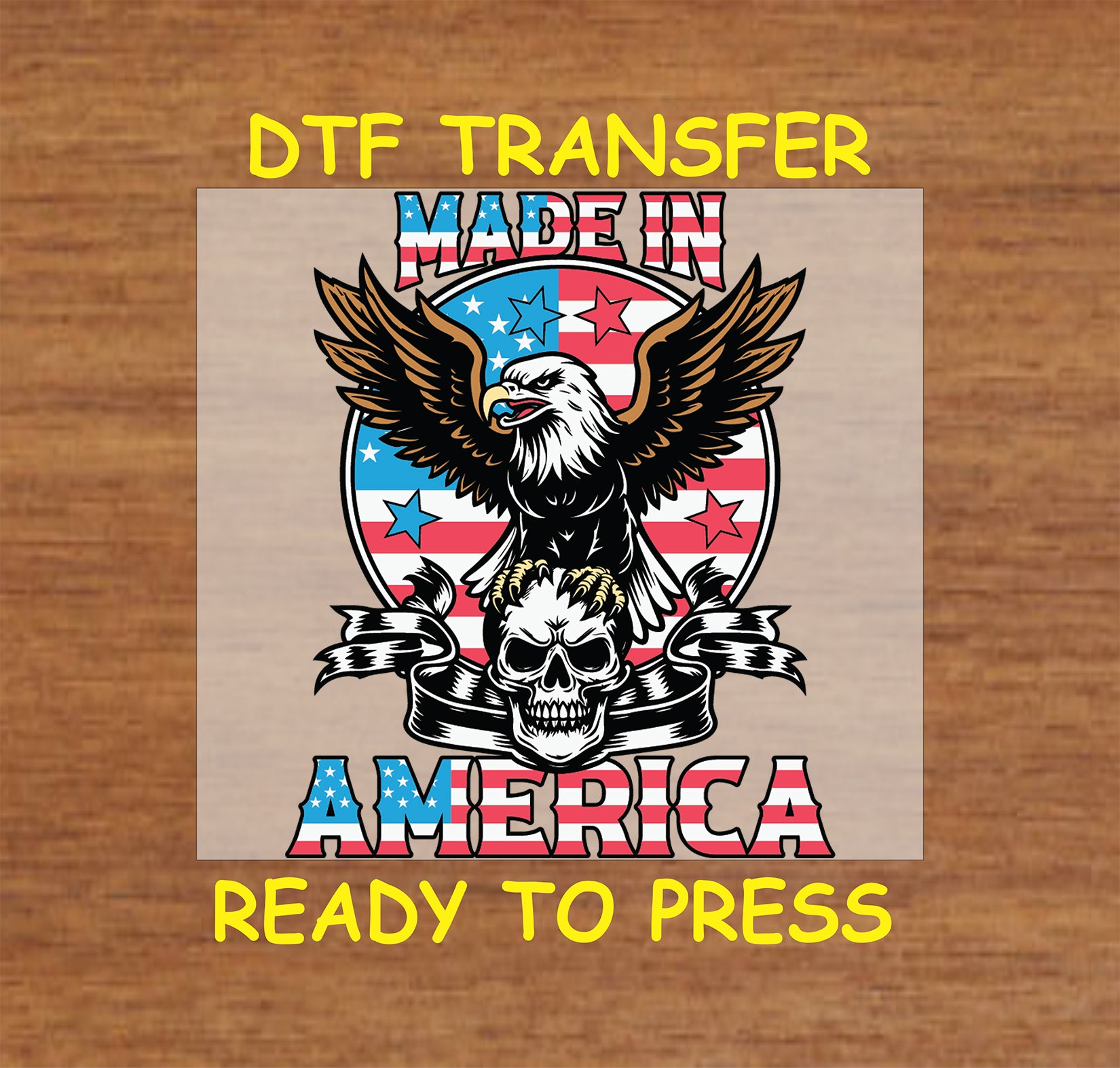 Bald eagle on skull with stars and stripes and Made in America text.
