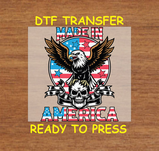 Bald eagle on skull with stars and stripes and Made in America text.