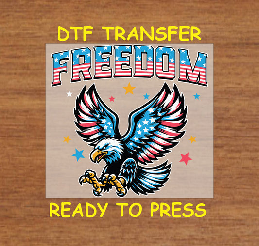 Flying bald eagle with stars and FREEDOM text in red, white, and blue.