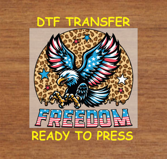 Patriotic eagle over leopard print circle with FREEDOM text in red, white, and blue.