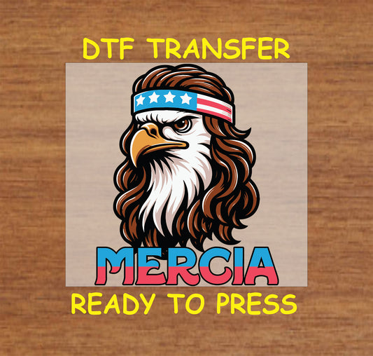 Retro eagle with long hair and patriotic headband over Mercia text.