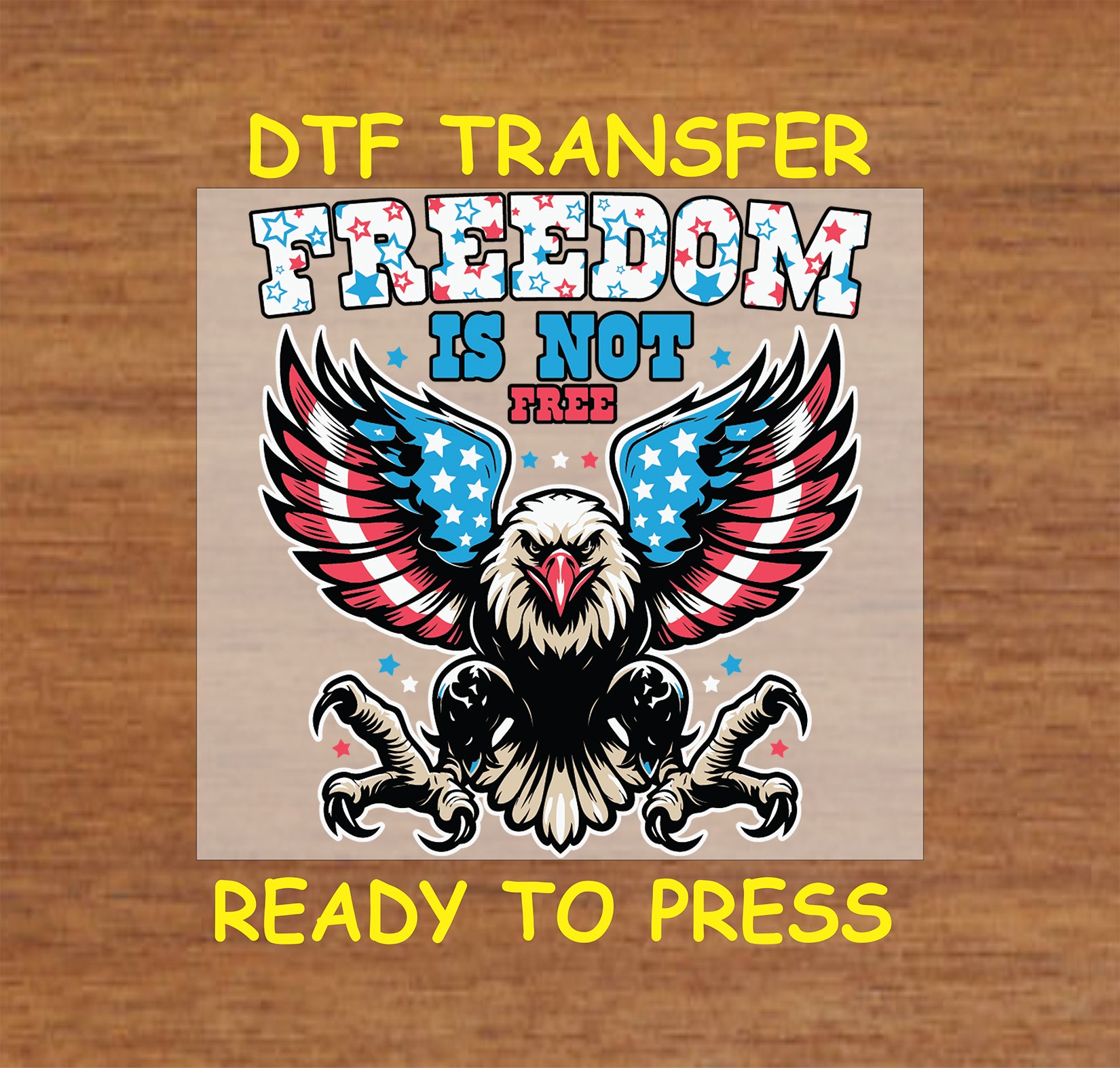 Eagle with patriotic wings and Freedom Is Not Free text in red, white, and blue.
