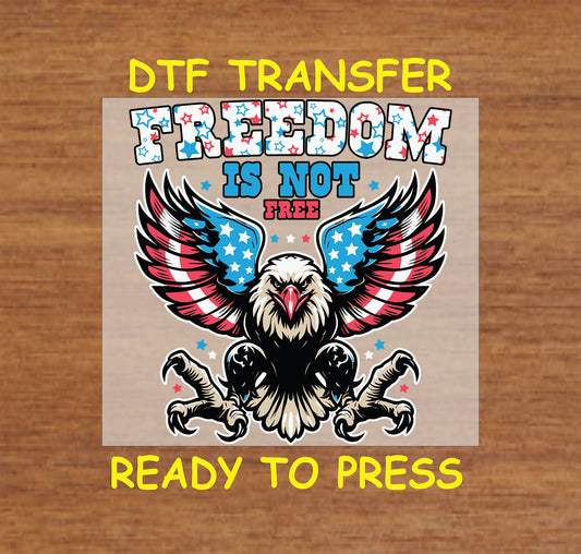 Eagle with patriotic wings and Freedom Is Not Free text in red, white, and blue.