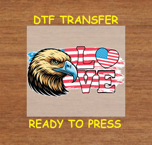 Eagle face with LOVE text and heart filled with American flag.