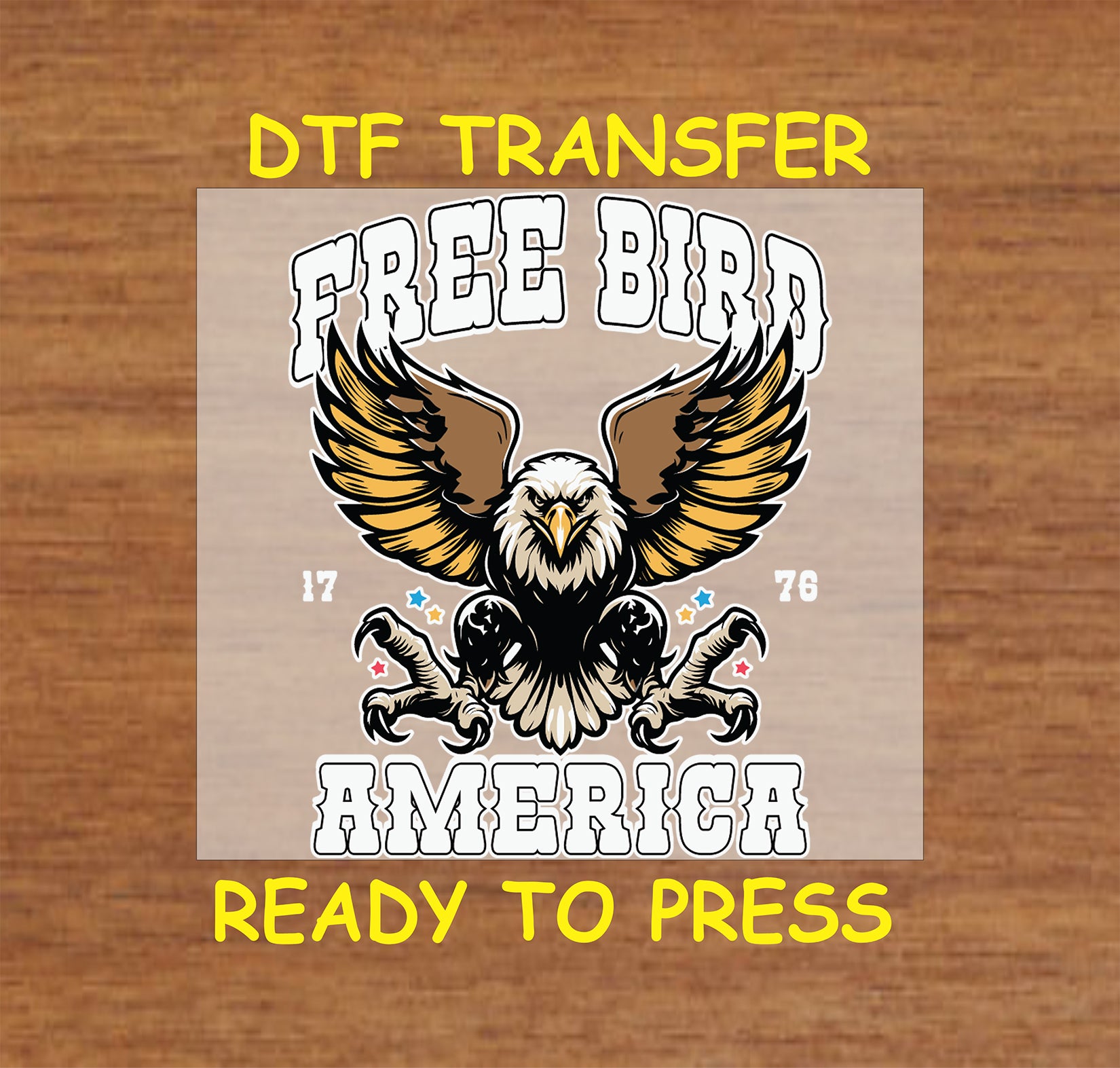 Flying bald eagle with text Free Bird America and 1776 year.