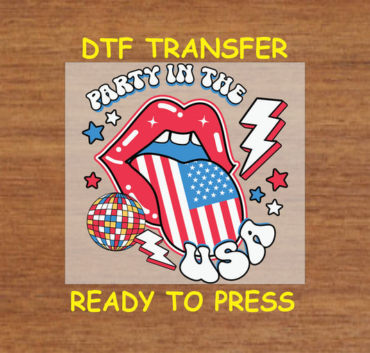Red lips with USA flag tongue, disco ball, stars, and lightning bolts.