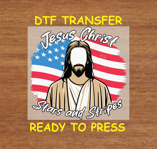 Jesus Christ DTF transfer with American flag and Stars and Stripes text.