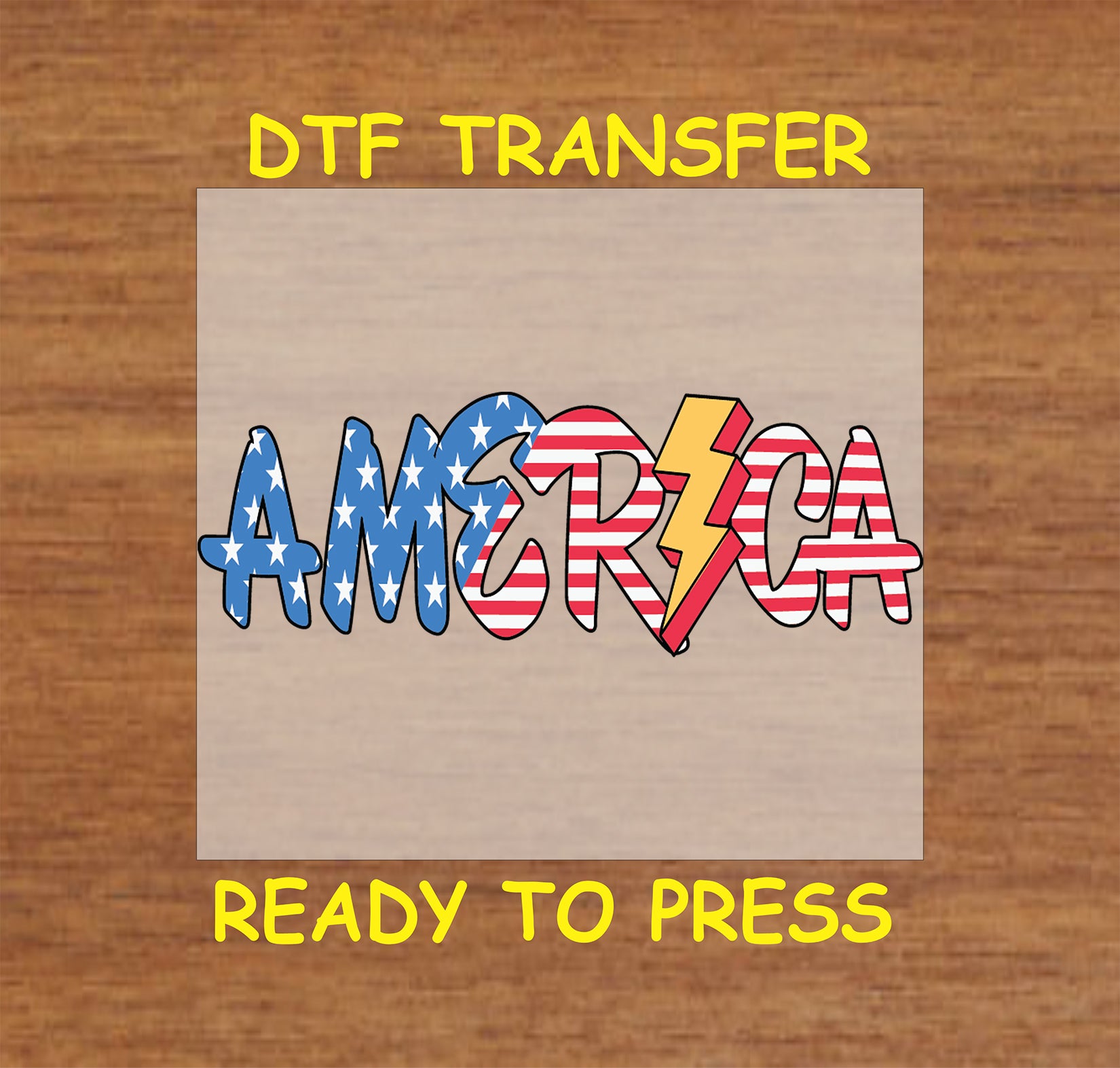 DTF transfer of the word America with stars, stripes, and a yellow lightning bolt.