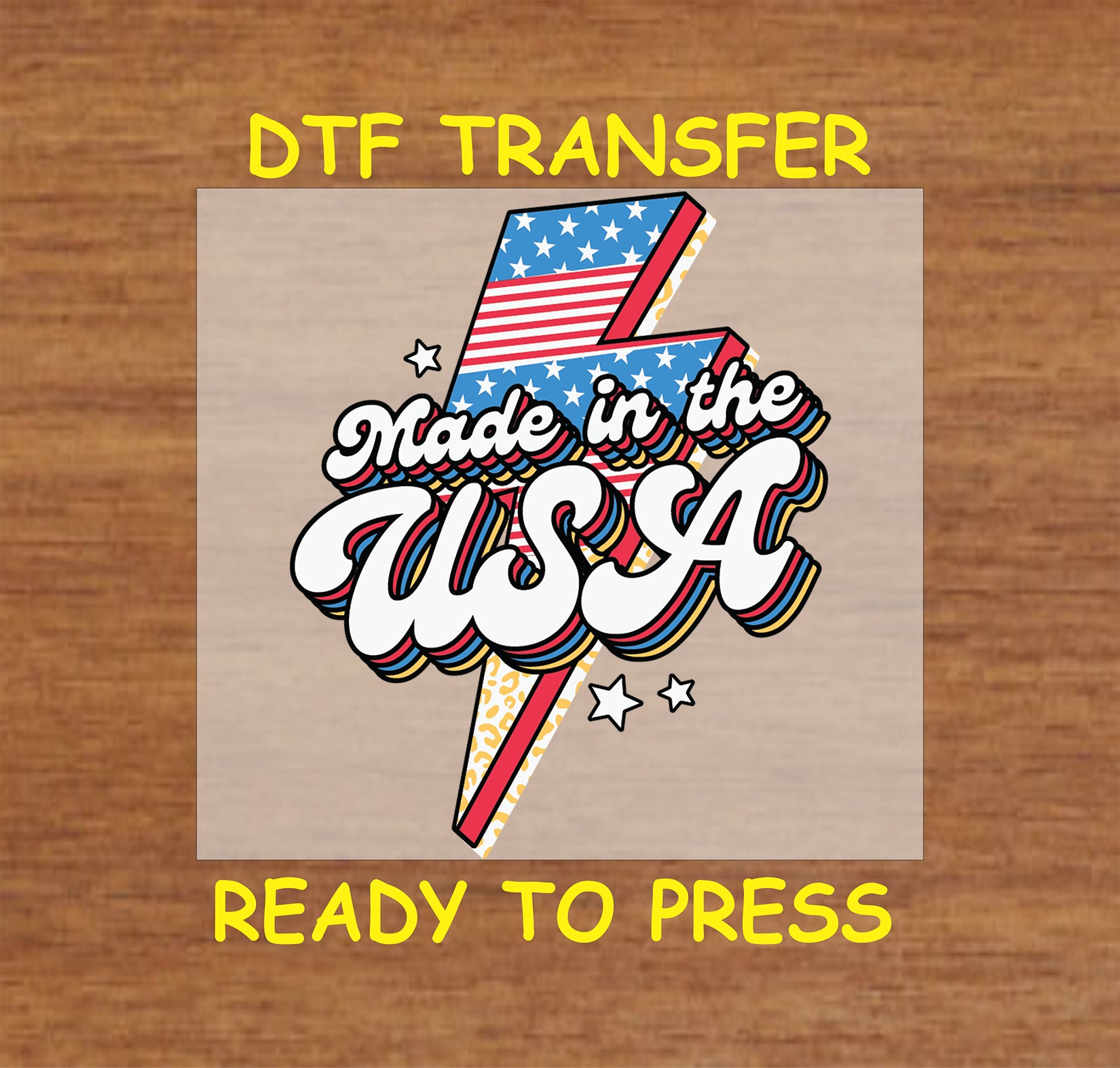 DTF transfer with Made in the USA text over red, white, and blue lightning bolt.