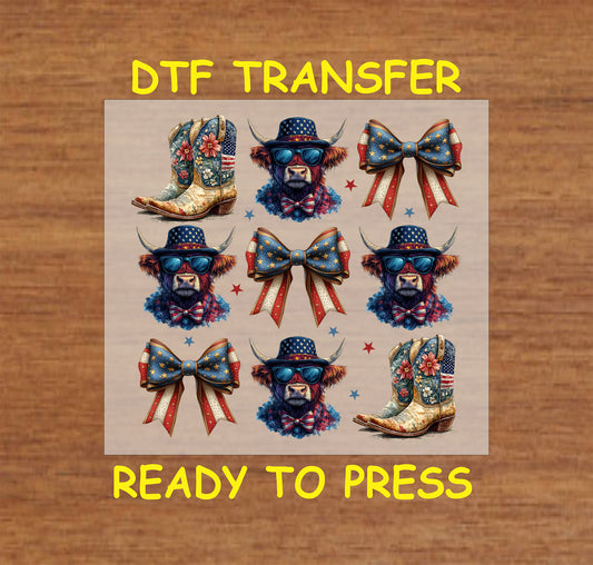 Gang sheet with patriotic Highland cows, cowboy boots, and red white blue bows.